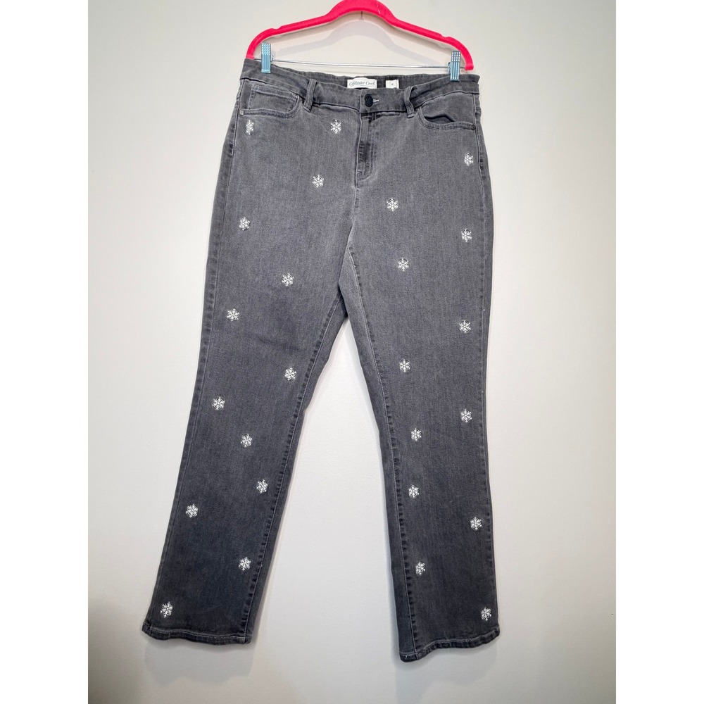 Coldwater Creek Gray Jeans Snowflake Holiday Embroidered Straight Leg 14 - Picture 2 of 7